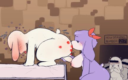 accessory anal anthro ass bed belly big_ass big_breasts big_butt blush blush_lines bodily_fluids bow_ribbon breasts cave_story censor_bar censored_eyes chaco_(cave_story) colored cross-popping_vein detailed_background digital_drawing_(artwork) digital_media_(artwork) erection eyelashes female fur furniture genitals group hair_accessory hair_ribbon hairbow handjob heart_symbol hi_res kiss_mark kissing lagomorph lips lipstick long_ears makeup male male/female mammal mimiga nipples nude open_mouth oral penile penis purple_body purple_fur ribbons rimming sex shaking sweat tail text tongue waiting_in_line white_body white_fur zlut385