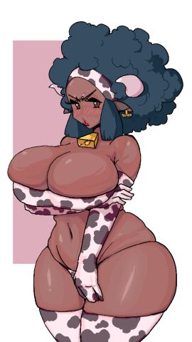 1girls 2d afro big_breasts big_hair bikini bikini_bottom bikini_top black_woman blue_hair blush blush_lines bottomwear braless breast_hold breasts brown_eyes chocolate_girl cleavage covering_breasts covering_crotch cow_bell cow_ears cow_girl cow_horns cow_print cow_print_armwear cow_print_bikini cow_print_gloves cow_print_thighhighs cow_tag cowbell cowkini dark-skinned_female dark_skin ebony ebony_female edit edited embarrassed female female_only game_freak hair hairband headband horns huge_breasts kinky_hair large_breasts leebongchun lenora_(pokemon) lips lipstick makeup mature mature_female milf mob_face mother navel neckwear pokemon pokemon_bw red_lips red_lipstick sleeves solo solo_female swimsuit swimwear teal_hair thick_thighs thighhighs thighs topwear white_background