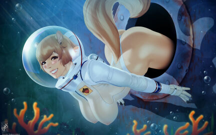 animal_humanoid ass big_breasts breasts female humanized sandy_cheeks short_hair skin_tight smile spongebob_squarepants tail themaestronoob underwater