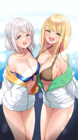 2girls areola_slip bare_legs bikini bikini_under_clothes blonde_hair blue_bikini blue_ribbon breasts brown_bikini collarbone commentary_request female front-tie_bikini_top front-tie_top gakuen_idolmaster grey_hair hair_ribbon half_up_braid halterneck highres hood hooded_jacket idolmaster jacket jacket_over_swimsuit jacket_partially_removed katsuragi_lilja kimi_to_semi_blue_(idolmaster) large_breasts long_hair looking_at_viewer mk_(mod0) multiple_females multiple_girls ribbon ribbon_braid shiun_sumika short_hair straight_hair swimsuit two-sided_fabric two-sided_jacket white_jacket