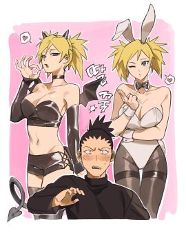 1boy 1girls alternate_costume animal_ears arm_up bare_arms bare_shoulders black_bow black_bowtie black_choker black_gloves black_hair black_pantyhose black_shirt black_shorts black_thighhighs blonde_hair blush bow bowtie bra breasts bunnysuit canon_couple choker cleavage collarbone couple demon demon_girl demon_horns demon_tail demon_wings detached_collar elbow_gloves fake_animal_ears female gloves green_eyes hair_between_eyes hair_up hand_up heart high_ponytail highres horns korean_text large_breasts leotard long_sleeves looking_at_viewer looking_to_the_side male male/female mini_wings nara_shikamaru naruto naruto:_the_last naruto_(series) naruto_shippuden navel nervous nervous_sweating nose_blush one_eye_closed open_mouth pantyhose playboy_bunny ponytail puckered_lips shade shirt short_shorts short_twintails shorts sideboob small_horns spiked_hair spoken_heart standing stomach straight sweat tail teeth temari thighhighs thighs twintails underwear unico_cats2 upper_teeth wings wrist_cuffs