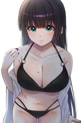 absurdres alternate_costume bikini black_bikini blunt_bangs bocchi_the_rock! breasts chin_piercing colored_inner_hair ear_piercing female highres labret_piercing lip_piercing mole mole_on_breast multicolored_hair o-ring o-ring_bikini o-ring_top pa-san piercing simple_background solo swimsuit white_background yozakurayuyu