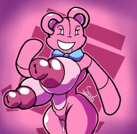big_breasts blazing_soul blue_bowtie breasts drooling fanart female huge_nipples lovedoll_toy_factory nude nude_female pink_ears pink_fur pussy teddi_(gremlingrounded) teddy_bear wet wet_pussy