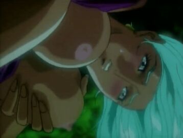 1990s_(style) 1993 amano_megumi_(urotsukidouji) animated bare_shoulders blue_eyes blush breasts breasts_out dark-skinned_female dark_skin earrings female grabbing_own_breast green_hair jewelry lowres masturbation medium_breasts nipples retro_artstyle tagme urotsukidouji