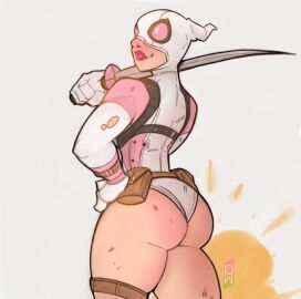 ass curvy explosion female gwen_poole gwenpool katana large_ass marvel marvel_comics superhero_costume superheroine tomphelippe torn_clothes