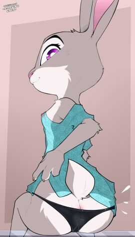 amazinggwen ass black_panties butt female furry judy_hopps lagomorph lingerie looking_at_viewer lowered_panties panties purple_eyes raised_tail solo teasing transparent_clothing zootopia