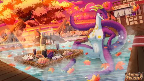 16:9 5_fingers alcohol anthro arcanelynx asian_mythology beverage biped breasts cheese claws container cup dairy_products detailed detailed_background digital_drawing_(artwork) digital_media_(artwork) digitigrade dragon drinking_glass east_asian_mythology eastern_dragon eyewear feet female fingers food fruit genitals glass glass_container glass_cup glasses grape hi_res horn io_(anzuneth) licking looking_at_viewer maple_leaf maple_tree multicolored_body mythological_creature mythological_scalie mythology nipples nude outside plant pool purple_body purple_eyes pussy scalie sitting smile solo spa strawberry tail tattoo toes tongue tongue_out towel tree two-tone_body water white_body widescreen wine wine_bottle wine_glass yellow_horn