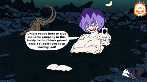 1girls arm_over_breasts big_breasts brawlhalla breasts digital_drawing_(artwork) female folded_clothes gun gunpoint large_breasts looking_at_viewer nix_(brawlhalla) purple_eyes purple_hair quicksand radicalone95 scythe self_upload sinking tagme talking_to_viewer tar tar_pit weapon