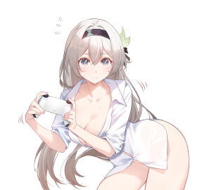 artist_request ass ass_visible_through_thighs bent_over breasts cleavage closed_mouth collared_shirt embarrassed female firefly_(honkai:_star_rail) gaming handheld_game_console honkai:_star_rail large_ass large_breasts looking_back naked_shirt no_panties simple_background suprised suprised_eyes suprised_look sweatdrop tagme_(artist) thick_thighs white_background white_shirt wide_hips