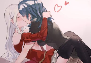 2girls absurdres alternate_legwear blonde_hair blue_hair blush byleth_(fire_emblem) byleth_(fire_emblem)_(female) cape closed_eyes commentary_request couple dress edelgard_von_hresvelg female female_only fire_emblem fire_emblem:_three_houses gloves highres kissing long_hair medium_hair multiple_females multiple_girls nintendo pantyhose sakuramotikun simple_background thighhighs uniform yuri
