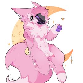 1:1 2025 aflictedpaw anthro balls big_tail blush cheek_tuft crescent_moon erection facial_tuft fluffy fluffy_tail fur genitals head_tuft hi_res huge_tail humanoid_genitalia humanoid_penis long_tail machine male male_focus male_only moon nude nude_anthro nude_male pawpads penis pink_body pink_fur pink_penis protogen purple_pawpads ruff shaded simple_background sitting solo star tail three-quarter_view tuft