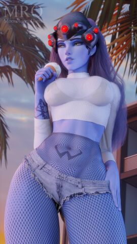 1girls 3d blizzard_entertainment breasts female female_focus female_only fishnets half-closed_eyes helmet hi_res high_resolution highres hotpants ice_cream large_breasts moonroomoom overwatch overwatch_2 palm_tree purple_hair purple_skin seductive short_shorts simple_background solo solo_female solo_focus standing widowmaker