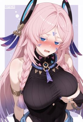 1girls big_breasts blue_eyes blush breast_grab breasts citlali_(genshin_impact) cute drunk drunk_bubble female genshin_impact grabbing_own_breast half-closed_eyes large_breasts looking_at_viewer open_mouth pink_hair solo wavy_mouth