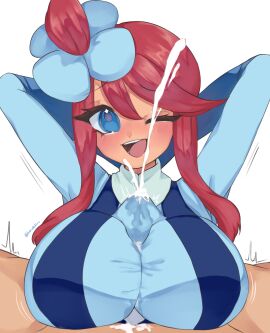 1boy 1girls arms_up blue_eyes breasts clothed_paizuri cum cum_on_breasts female gym_leader male nintendo paizuri paizuri_under_clothes pokemon pokemon_bw red_hair skyla_(pokemon) smiling_at_viewer titfuck_under_clothes titjob