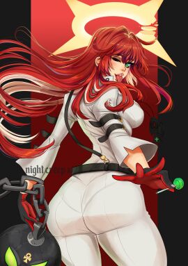 1girls absurdres ass belt black_gloves bodysuit breasts female food gloves green_eyes guilty_gear guilty_gear_strive hair_between_eyes halo highres jack-o'_valentine lips long_hair looking_at_viewer medium_breasts multicolored_hair nightcreepx piercing red_hair smile solo spiked_halo teeth tongue tongue_out tongue_piercing two-tone_hair upper_teeth white_bodysuit white_hair