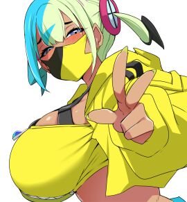 1girls alternate_breast_size_(larger) aqua_hair bandeau bebebe_(pepegakii) black_halterneck black_mask blush breasts canari_(pokemon) canary_(pokemon) commentary criss-cross_halter cropped_jacket face_mask facemask female game_freak gyaru halterneck highres huge_breasts jacket kusogaki looking_at_viewer mega_stone mouth_mask multicolored_hair nail_polish nintendo pokemon pokemon_legends:_z-a purple_eyes short_twintails simple_background split-color_hair streamer twintails two-tone_hair two-tone_mask white_background yellow_bandeau yellow_jacket yellow_mask yellow_nails