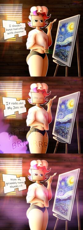 2025 2d beige_shirt belly belly_button belly_exposed black_eyes black_pantyhose brusha_(dandy's_world) comic dandys_world eproctophillia fart fart_cloud fart_fetish farting farts female ink morning onomatopoeia painting pantyhose samkeeydraws stomach_ache stomach_noises thicc thicc_ass thicc_thighs thick thick_ass thick_thighs thought_bubble