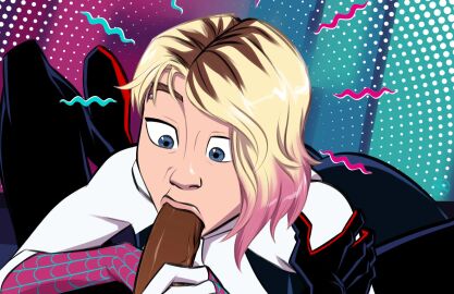 1boy 1girls blonde_hair blowjob blue_eyes canon_couple costume dark-skinned_male dark_skin eyebrow_piercing fellatio female gwen_stacy gwen_stacy_(spider-verse) hero heroine highlights_(coloring) interracial light-skinned_female light_skin male marvel marvel_comics miles_morales oral oral_penetration oral_sex pale-skinned_female pale_skin penis piercing shocked shocked_expression spider-gwen spider-man:_across_the_spider-verse spider-man:_into_the_spider-verse spider-man_(miles_morales) spider-man_(series) spider_sense stickymon superhero superhero_costume superheroine surprised surprised_expression teenager tooth_gap