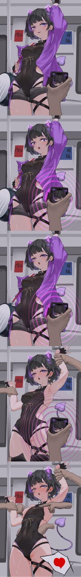 5others :o ^^^ absurdres ambiguous_gender arm_up armpits bag bare_arms bare_shoulders black_choker black_gloves black_hair black_leotard blank_eyes breasts cameltoe cellphone chikan choker clothes_pull clothing_aside demon_horns demon_tail disembodied_hand drooling duffel_bag earrings female fingerless_gloves gloves glowing_horns grey_shorts hair_ornament hand_grip hand_in_leotard hand_up heart heart-shaped_pupils heart_earrings heart_o-ring highres hip_vent holding holding_another's_wrist holding_hand_grip holding_phone horns hypnosis hypnosis_app incredibly_absurdres jacket jewelry leotard leotard_aside looking_at_viewer medium_breasts micro_shorts miki_(virtuareal) mind_control multicolored_hair multiple_others multiple_views nijisanji nipple_stimulation nipple_tweak nipple_tweak_through_clothes nipples o-ring o-ring_choker parted_lips phone pulling_another's_clothes purple_eyes purple_horns purple_jacket purple_tail pussy pussy_juice ringed_eyes rolling_eyes shorts shorts_pull smartphone smile speech_bubble spoken_heart streaked_hair symbol-shaped_pupils tail tall_image thigh_strap train_interior virtual_youtuber virtuareal weidimala_zui_pang_beijixiong x_hair_ornament