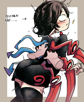 1girls andanon ass ass_focus back_view black_clothing black_hair blush clothed clothing disembodied_hand female female_focus houjuu_nue japanese_text long_ears not_porn nue_houjuu rear_view startled stockings sweat sweatdrop thighhighs tickling tickling_back touhou wings
