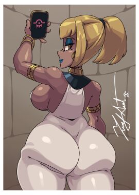 1girls ass big_ass big_butt blonde_hair breasts curvy_body curvy_figure dark-skinned_female dark_skin egyptian eliza_(skullgirls) eyeshadow female female_only huge_ass makeup skullgirls thick_thighs thighs zeusart