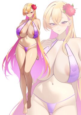 absurdres areola_slip barefoot bikini blonde_hair boryeon_(last_origin) breasts colored_inner_hair covered_erect_nipples earrings female full_body hair_ornament highres huge_breasts jewelry last_origin long_hair looking_at_viewer multicolored_hair pink_bikini pink_hair psychopolis purple_eyes simple_background solo swimsuit thighs toes white_background zoom_layer