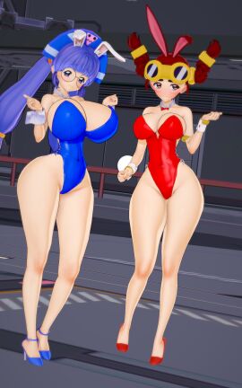 2girls batch breasts bunny_ears bunny_girl bunnysuit fake_animal_ears female glasses gluko large_breasts medium_breasts mon_colle_knights purple_hair red_hair rokumon_tengai_mon_colle_knight slim_waist tagme