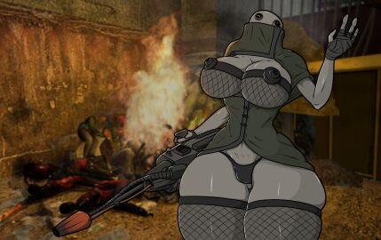 alien_girl big_breasts blush breasts burning corpse corpses cremator fishnet_thighhighs fishnet_topwear fishnets flamethrower gloves grey_skin half-life_(series) half-life_2 half-life_2_beta happy hourglass_figure hourglass_figured_female huge_breasts methadosart panties partially_clothed synthetic thick_thighs waving waving_at_viewer yellow_eyes