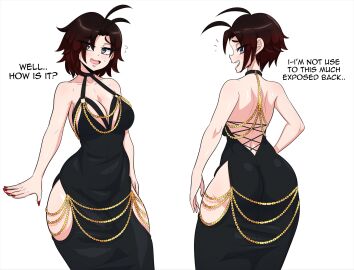 1girls ass back_view big_ass big_breasts black_and_red_hair black_dress breasts dialogue dress english_text exposed_back female female_only human kinathefox modakawa_dress rooster_teeth ruby_rose rwby silver_eyes solo text thick_thighs