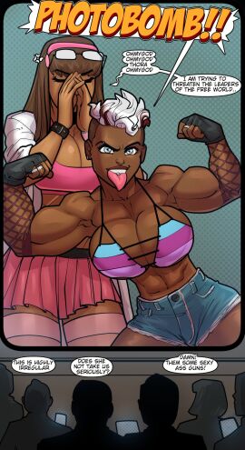 2girls abs annoyed bare_arms bare_shoulders big_breasts breasts brown_hair brynn_thora character_request cleavage clothed clothing color daisy_dukes dark-skinned_female dark_skin english_text female female_focus female_only fishnet_armwear fishnets fit fit_female flexing flexing_arms flexing_bicep flexing_both_biceps gia_knome glasses_on_head grey_eyes hairband hero_tales hi_res labcoat large_breasts light-skinned_female light_skin long_hair multiple_females multiple_girls muscles muscular muscular_arms muscular_female muscular_legs muscular_thighs photobomb piercing rabies-t-lagomorph short_hair shorts skirt solo_female tagme text text_bubble thick_thighs thighhighs tongue tongue_out tongue_piercing two-tone_hair white_hair