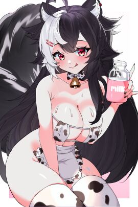 ahoge animal_ear_fluff animal_ears animal_print apron bangs bare_shoulders bell bell_collar between_legs bikini black_hair blush bottle breasts cleavage closed_mouth collar cow_bell cow_print cup disposable_cup drinking_straw eyebrows_visible_through_hair female hair_ornament hairclip hand_between_legs heart-shaped_pupils holding large_breasts licking_lips long_hair looking_at_viewer milk milk_bottle milk_carton mole mole_on_breast momotexx_(vtuber) multicolored_hair red_eyes seiza sitting skunk_girl skunk_tail smile solo streaked_hair swimsuit tail thighhighs tongue tongue_out two-tone_hair very_long_hair virtual_youtuber vyugen white_legwear