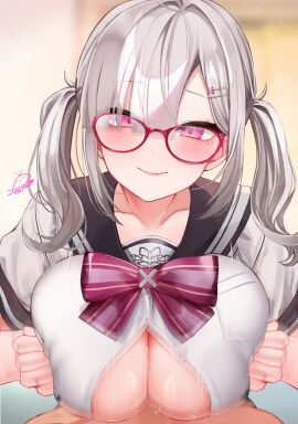 1boy blush bow bowtie breasts brown_sailor_collar closed_mouth collarbone commentary_request female festa11307070 glasses grey_hair grey_serafuku huge_breasts long_hair looking_at_viewer male nijisanji paizuri pink-framed_eyewear pink_bow pink_bowtie pink_eyes sailor_collar school_uniform serafuku short_sleeves smile solo_focus sukoya_kana sukoya_kana_(3rd_costume) twintails virtual_youtuber