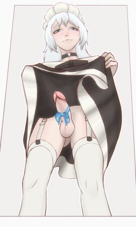 13yogrill 1boy blue_eyes bow choker crossdressing dress femboy from_below long_hair looking_at_viewer maid_headdress maid_uniform male original_character precum presenting simple_background smug solo stockings white_hair yaoi