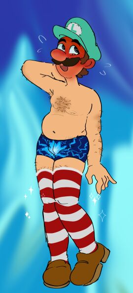 1boy hairy_chest luigi male male_only mario_(series) mario_and_luigi_(series) nintendo no_visible_genitalia thigh_highs