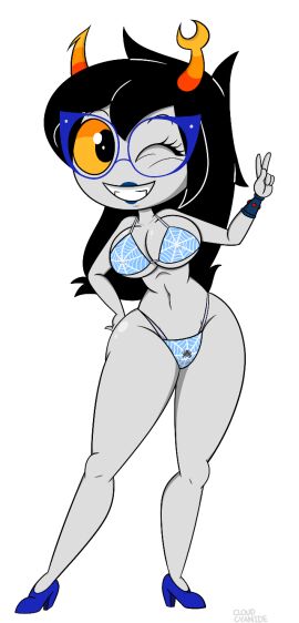 1girls bikini cloudcyanide female homestuck peace_sign swimsuit vriska_serket winking_at_viewer