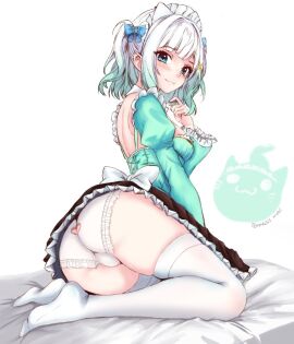 artist_name blue_eyes hole_in_panties indie_virtual_youtuber looking_at_viewer maid maid_headdress maid_uniform mint_fantome on_bed panties pennylessmac short_hair virtual_youtuber white_hair white_panties