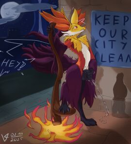 2025 anthro anthro_peeing balls biped black_balls black_penis blush bodily_fluids canid canine caught claws clear_urine delphox digital_media_(artwork) digitigrade elemental_manipulation english_text feet finger_claws fire fire_manipulation flaccid foreskin fox fur generation_9_pokemon genital_fluids genitals hand_on_own_penis hand_on_penis hi_res humanoid_genitalia humanoid_penis male male_delphox male_peeing mammal mega_delphox mega_evolution multicolored_body multicolored_fur nintendo orange_body orange_fur orange_nose outside paws peeing penis pokemon pokemon_(species) public_urination purple_body purple_fur red_body red_fur solo surprised sweat text toe_claws toes uncircumcised urine urine_stream valrionwrites watersports white_body white_fur wide_eyed yellow_body yellow_fur