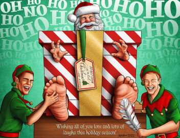 2022 3boys achillesheelart barefoot bear_(body_type) christmas christmas_elf christmas_present elves european_mythology feathers green_background male male_feet male_foot_fetish male_only male_tickling mythology older_male public_domain santa_claus tickle_torture tickling tickling_feet white_feather