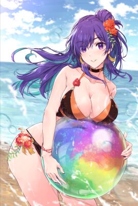 1girls alternate_costume bangs beach beach_ball bikini black_bikini black_swimsuit blush breasts choker cleavage commentary_request female female_only fire_emblem fire_emblem:_three_houses fire_emblem_heroes fire_emblem_warriors:_three_hopes hair_bun hair_over_one_eye large_breasts long_hair looking_at_viewer nintendo ocean outdoors purple_eyes purple_hair shez_(fire_emblem) shez_(fire_emblem)_(female) simple_background single_hair_bun smile solo swimsuit water yuuri_(orz_commushows)