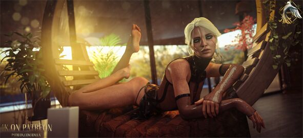 3d ass cd_projekt_red ciri female freckles gloves green_eyes idylla legs_up light-skinned_female light_skin lingerie looking_at_viewer mascara scar solo solo_female the_witcher_(series) the_witcher_3:_wild_hunt thong white_hair