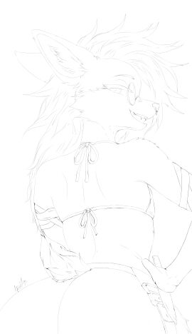 absurd_res anthro apriljax ass bandage big_ass big_butt bikini bikini_top canid canine clothing duo facial_piercing femboy fox hi_res male mammal nose_piercing piercing rear_view solo swimwear two-piece_swimsuit