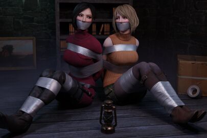 2girls 3d 3d_(artwork) ada_wong ada_wong_(adriana) arms_behind_back ashley_graham ashley_graham_(ella_freya) asian asian_female black_hair bondage bookshelf boots bound defeated defeated_heroine ella_freya female female_focus female_only femsub gag gagged human human_only lantern lord_kamski not_ai_generated resident_evil resident_evil_4 resident_evil_4_remake restrained skirt tape tape_bondage tape_gag taped_mouth