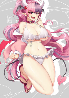 2022 5_fingers absurd_res big_breasts bikini breasts clothing collar demon demon_humanoid digital_media_(artwork) erotanuki female fingers footwear front_view grey_background hair hi_res horn humanoid humanoid_pointy_ears indie_virtual_youtuber ironmouse membrane_(anatomy) membranous_wings navel not_furry open_mouth pink_clothing pink_footwear pink_hair pink_sandals pointy_ears red_eyes sandals shoes simple_background smile smug solo spade_tail swimwear tail two-piece_swimsuit virtual_youtuber vtuber wings