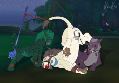 2019 animal_genitalia animal_pussy ball_gag balls blush bound chastity_cage chastity_device cock_and_ball_torture cock_and_balls_torture detailed_background elisanna felid feline_genitalia feline_pussy female feral gag genital_torture genitals group hands_tied hi_res isitti kiro kiro-kat lion male male/female mammal night_elf_(feral) pantherine penis pussy riding_crop riding_crop_in_mouth signature tail_anus tail_restraint tauren_(feral) tiger trio troll_(feral) whip