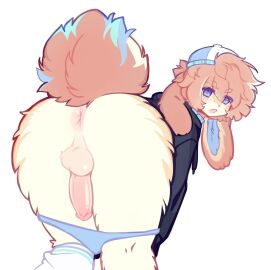 anthro anus ass ass_focus balls blush blush_lines butt_focus clothed clothing collar fluffy fluffy_ears fluffy_tail fluffy_thighs footwear genitals hat headgear headwear hoodie katsucoffee lagomorph leaning leaning_forward leporid long_ears male male_only mammal open_mouth panties panties_down partially_clothed penis presenting presenting_hindquarters rabbit rear_view scut_tail short_tail socks solo solo_male tail tomo_(katsucoffee) topwear underwear underwear_down