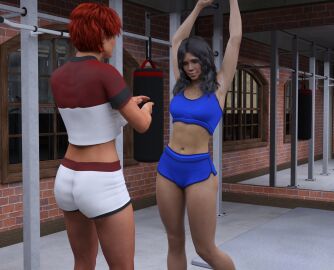 2girls 3d black_hair blue_shorts cb1964 female female_only midriff multiple_females multiple_girls original red_hair short_hair shorts sports_bra