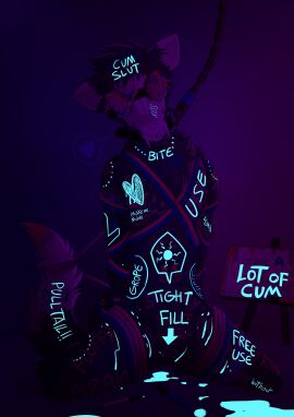 absurd_res anthro bite_mark bite_mark_on_leg bite_mark_on_shoulder bite_mark_on_thigh black_body blindfold bodily_fluids body_writing bondage bone bound canid canine canis chained chains collar cum cuntboy degradation digital_media_(artwork) domestic_dog eyewear eyewear_on_head fur genital_fluids genitals goggles goggles_on_head hi_res intersex mammal marker mask noble_(nobledreameater) nude paint pankallisti pussy restraints rope rope_bondage rope_harness skull skull_head skulldog_(species) solo submissive tail teeth text wolf