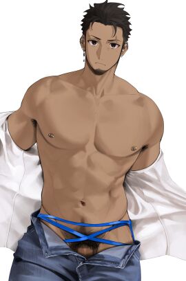1boy abs absurdres bara barbell_piercing beard blue_ribbon cowboy_shot dark-skinned_male dark_skin facial_hair full_beard goburin_second harumi_(goburin_second) highres large_pectorals looking_at_viewer male male_focus male_only male_pubic_hair navel navel_hair nipple_bar nipple_piercing nipples open_pants original pants pectorals penis penis_peek piercing pubic_hair reference_inset ribbon sanpaku shirt_partially_removed short_hair simple_background solo standing stomach thick_eyebrows undressing yaoi