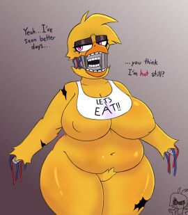 animatronic anthro avian beak belly bib big_breasts bird breasts cable chicken clothing endoskeleton english_text eyelashes female five_nights_at_freddy's five_nights_at_freddy's_2 galliform gallus_(genus) hi_res ineffective_clothing machine mrcreamsom navel nipple_outline phasianid pink_eyes purple_mascara robot scottgames slightly_chubby slightly_chubby_anthro slightly_chubby_female solo text thick_thighs tuft wide_hips withered_chica