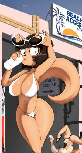 anthro beach big_breasts bikini black_hair blonde_hair blush brandy_&_mr_whiskers brandy_harrington breasts cleavage clothed clothing disney domestic_cat domestic_dog drinking eyewear face_down_ass_up faceplant falling feline female hair kitty_katswell nickelodeon outside paramount_pictures phone photo public sunglasses swimwear t.u.f.f._puppy taking_picture thick_thighs tobitobi90 vending_machine